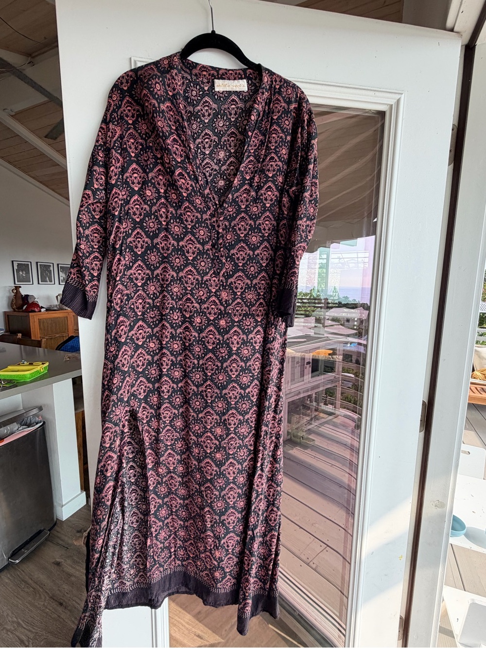 Natalie Martin Black with Pink Damask Long Sleeve V-Neck Midi Dress